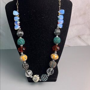 Artisan Beaded Necklace with Blue, Orange, and Silver Accents